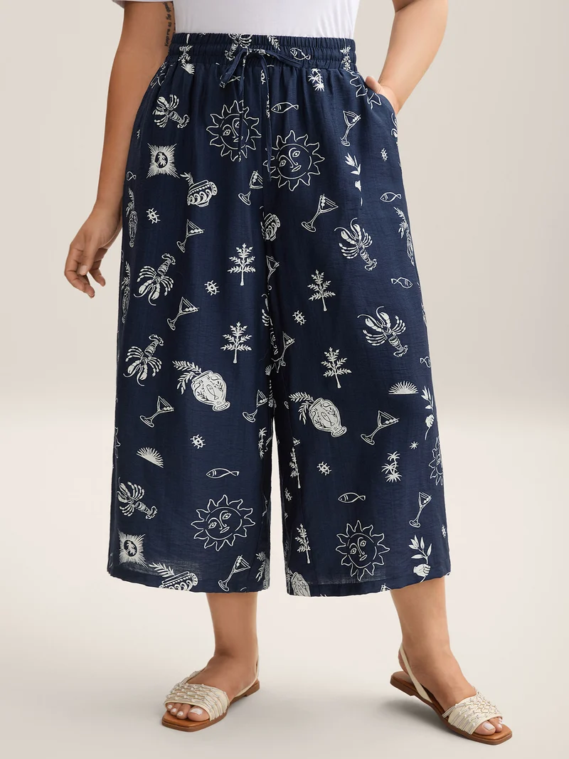 Marine Print Flowy Wide-Leg Pants