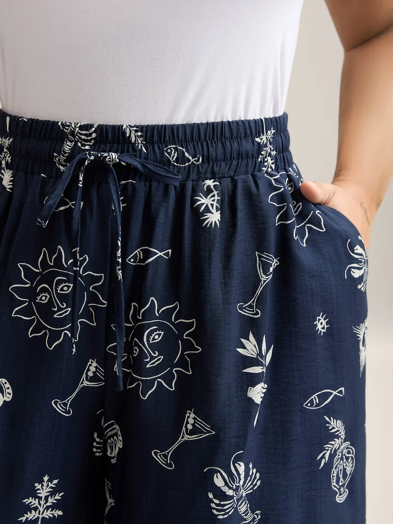 Marine Print Flowy Wide-Leg Pants