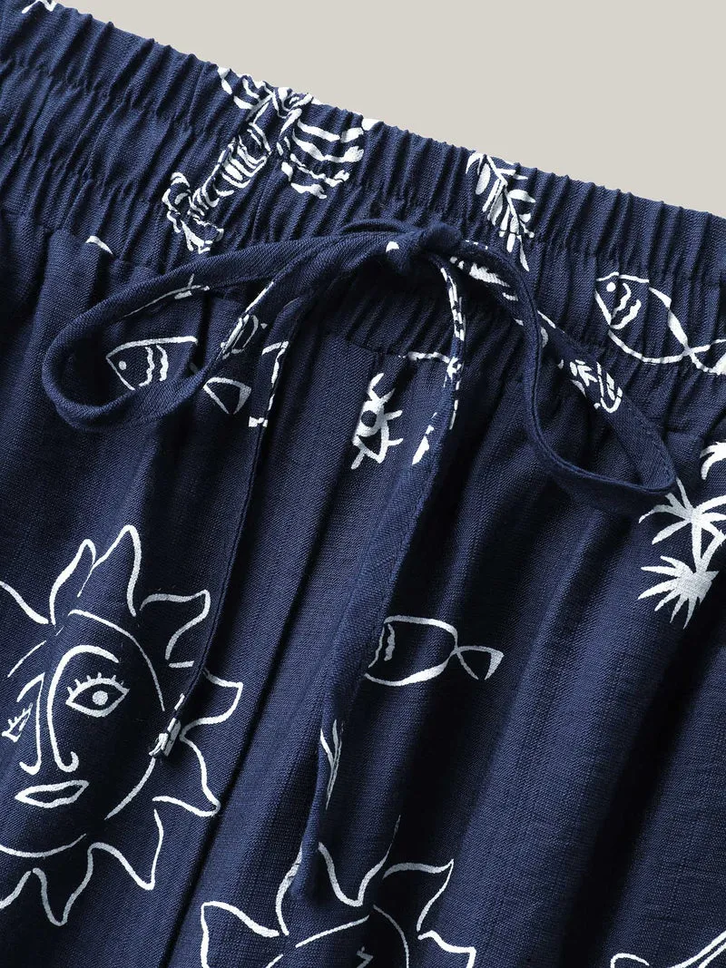 Marine Print Flowy Wide-Leg Pants