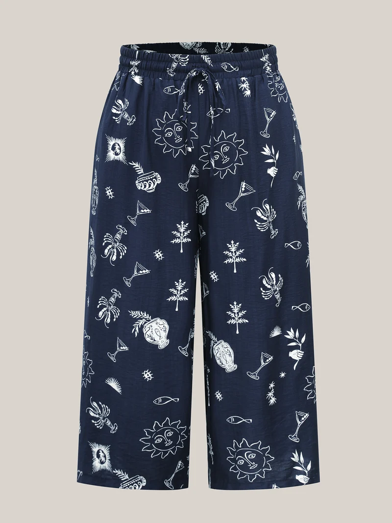 Marine Print Flowy Wide-Leg Pants