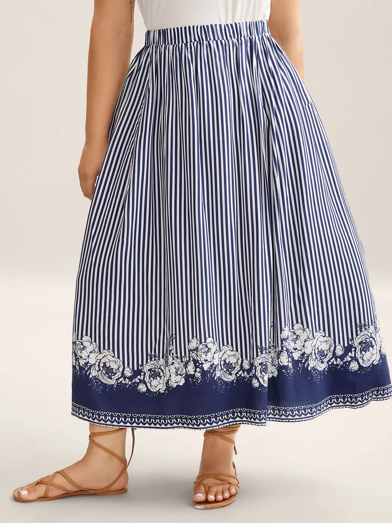 Striped Floral Hem Flowy Maxi Skirt