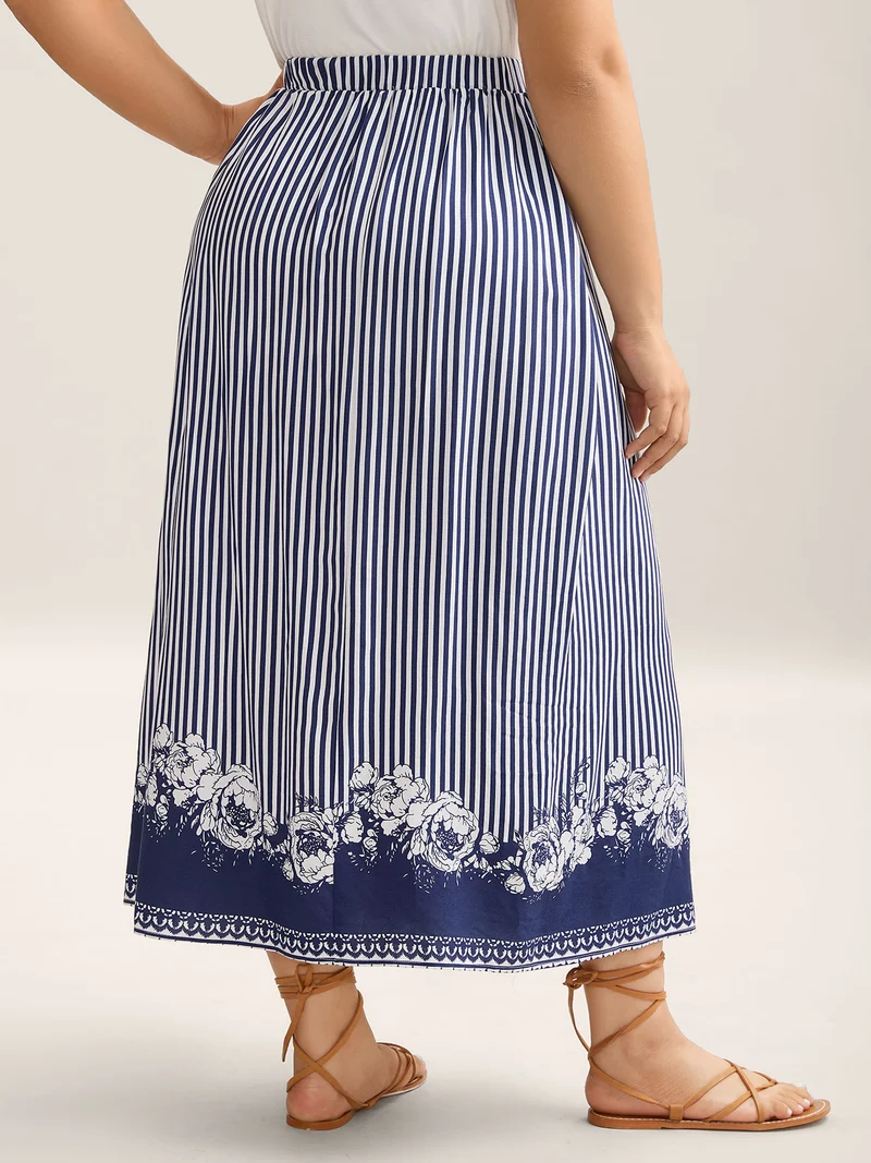Striped Floral Hem Flowy Maxi Skirt