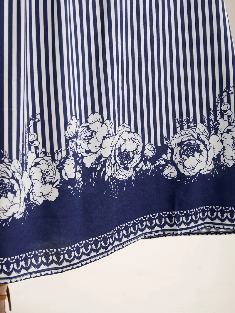 Striped Floral Hem Flowy Maxi Skirt