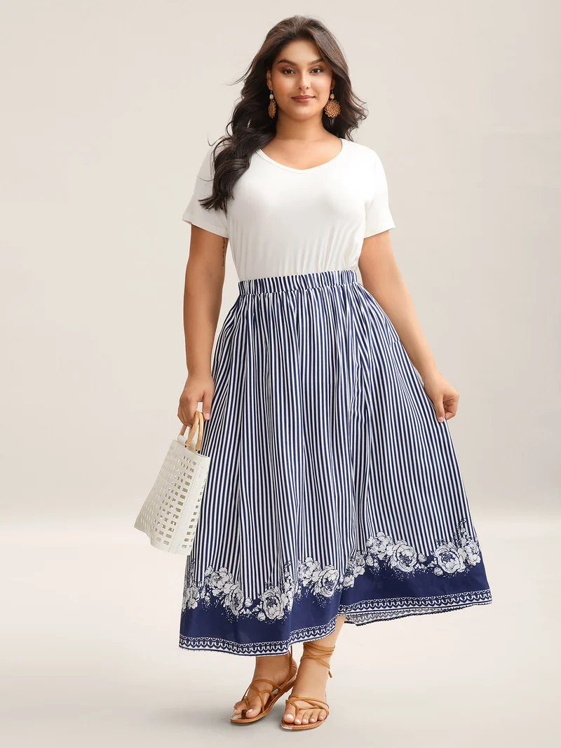 Striped Floral Hem Flowy Maxi Skirt