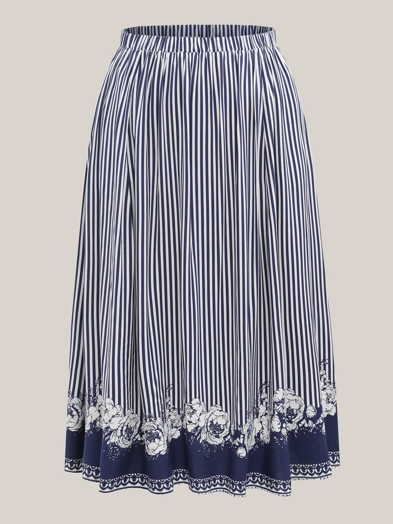 Striped Floral Hem Flowy Maxi Skirt