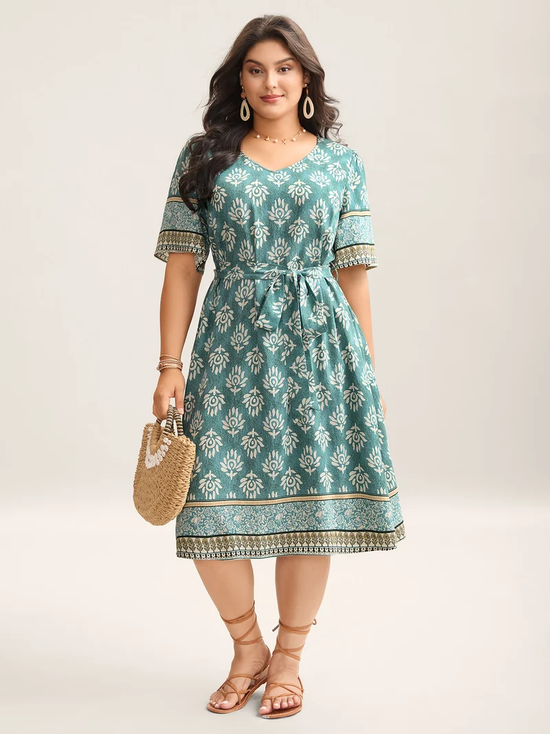 Rayon Boho Print Tied Midi Dress