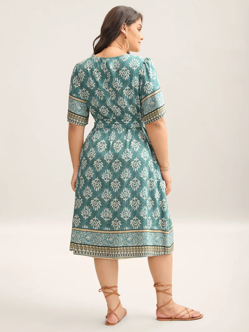 Rayon Boho Print Tied Midi Dress