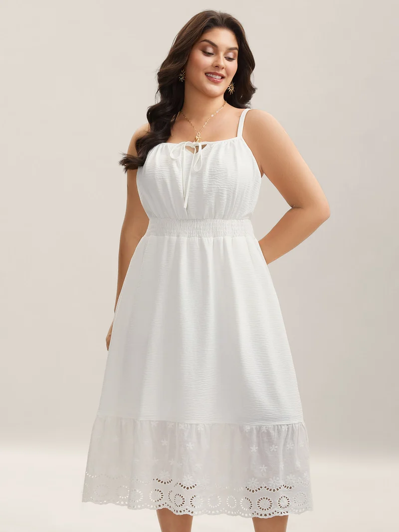 Embroidered Shirred Waist Adjustable Midi Dress
