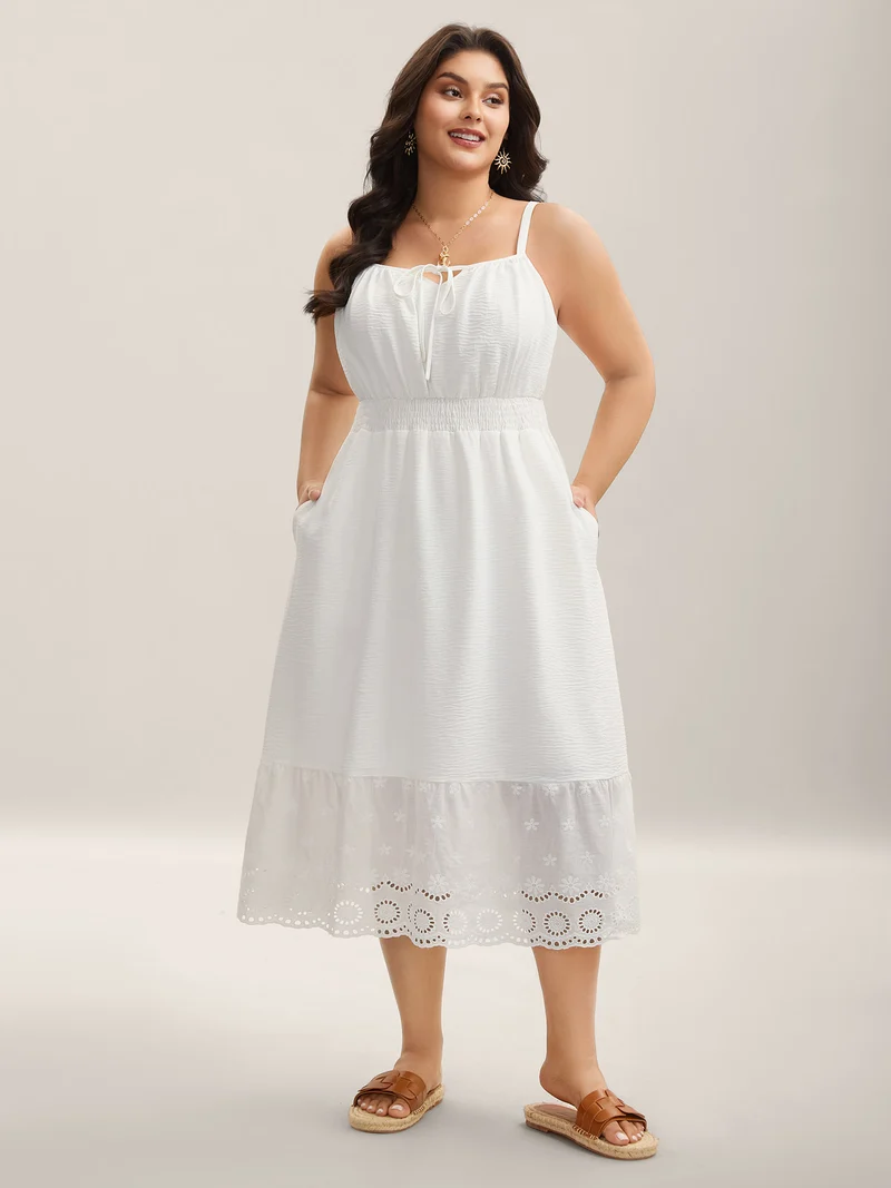 Embroidered Shirred Waist Adjustable Midi Dress