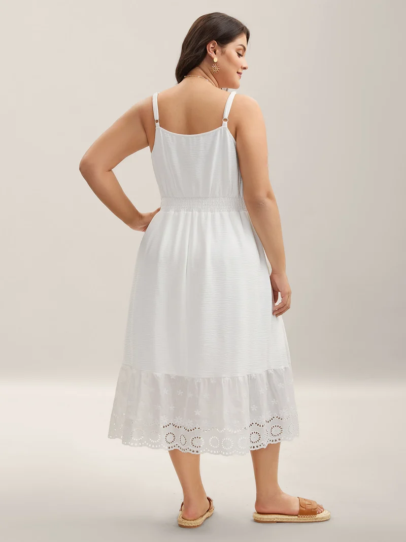 Embroidered Shirred Waist Adjustable Midi Dress