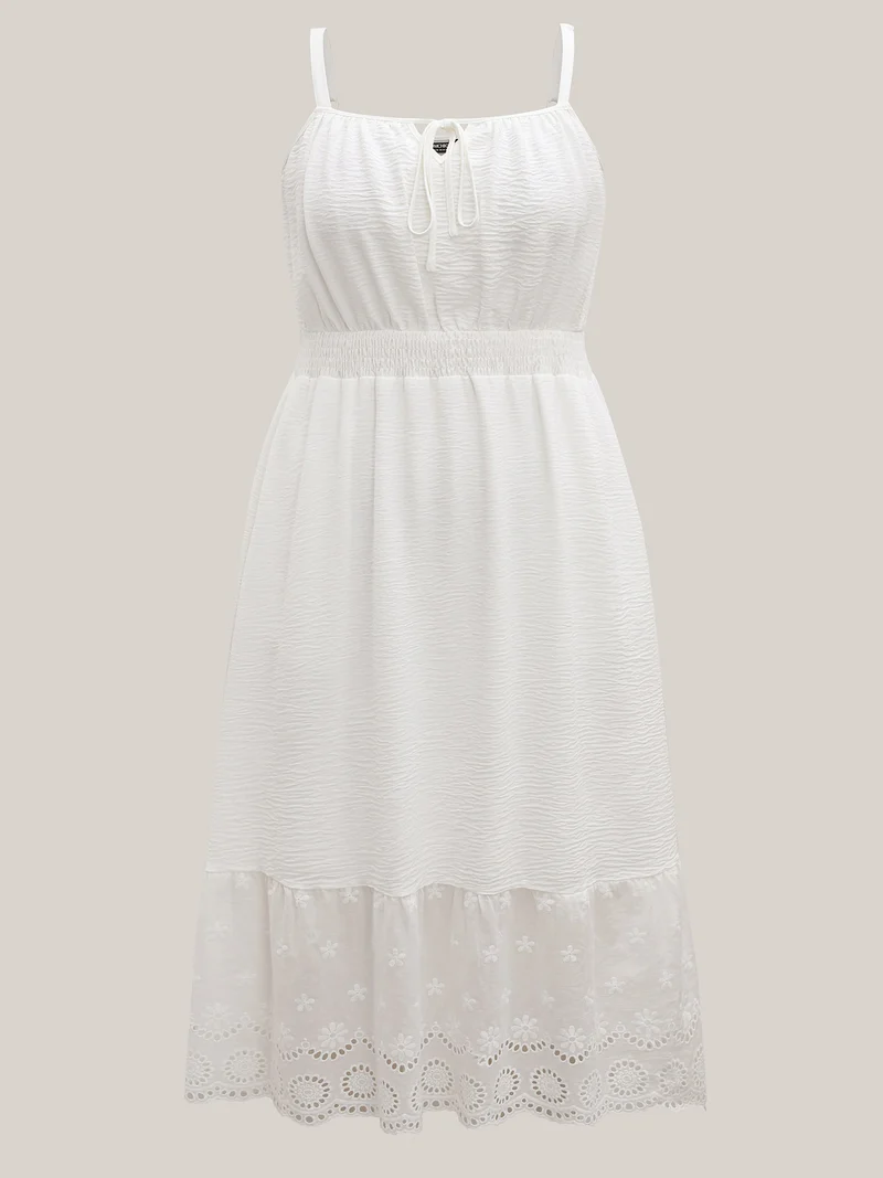 Embroidered Shirred Waist Adjustable Midi Dress