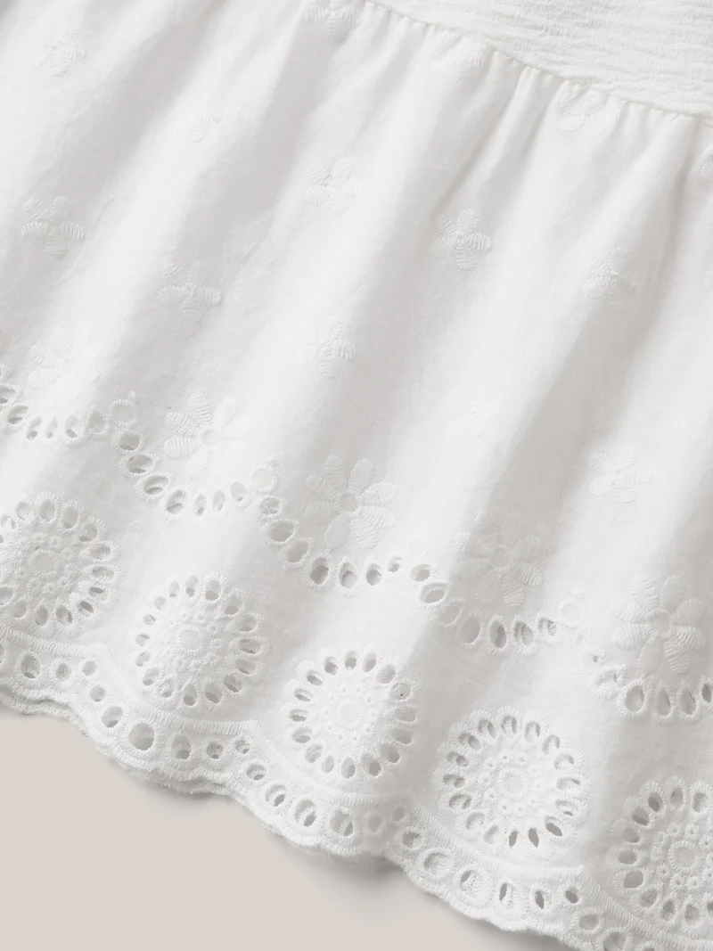 Embroidered Shirred Waist Adjustable Midi Dress