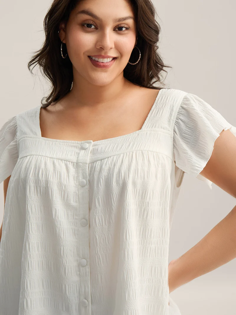 Textured Flutter Sleeve Button Detail Blouse
