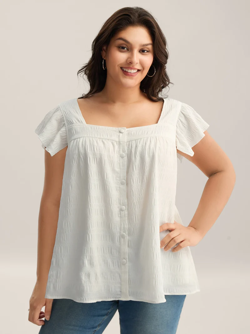 Textured Flutter Sleeve Button Detail Blouse