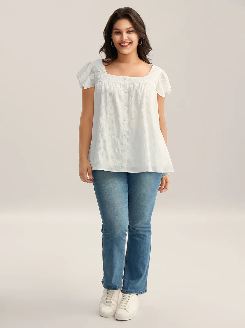 Textured Flutter Sleeve Button Detail Blouse