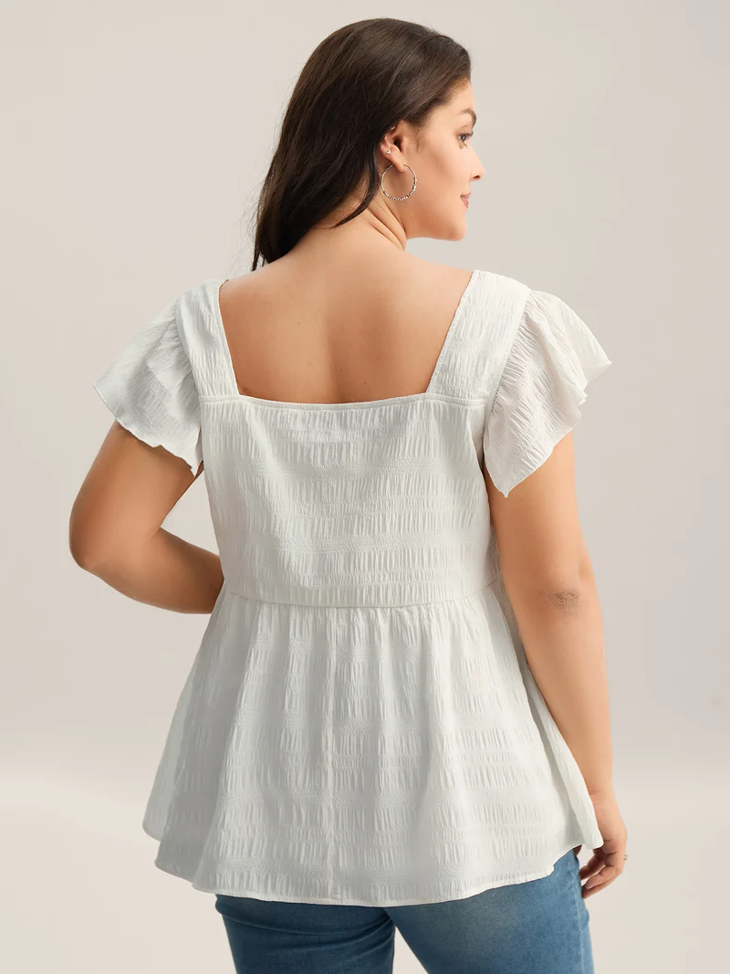 Textured Flutter Sleeve Button Detail Blouse