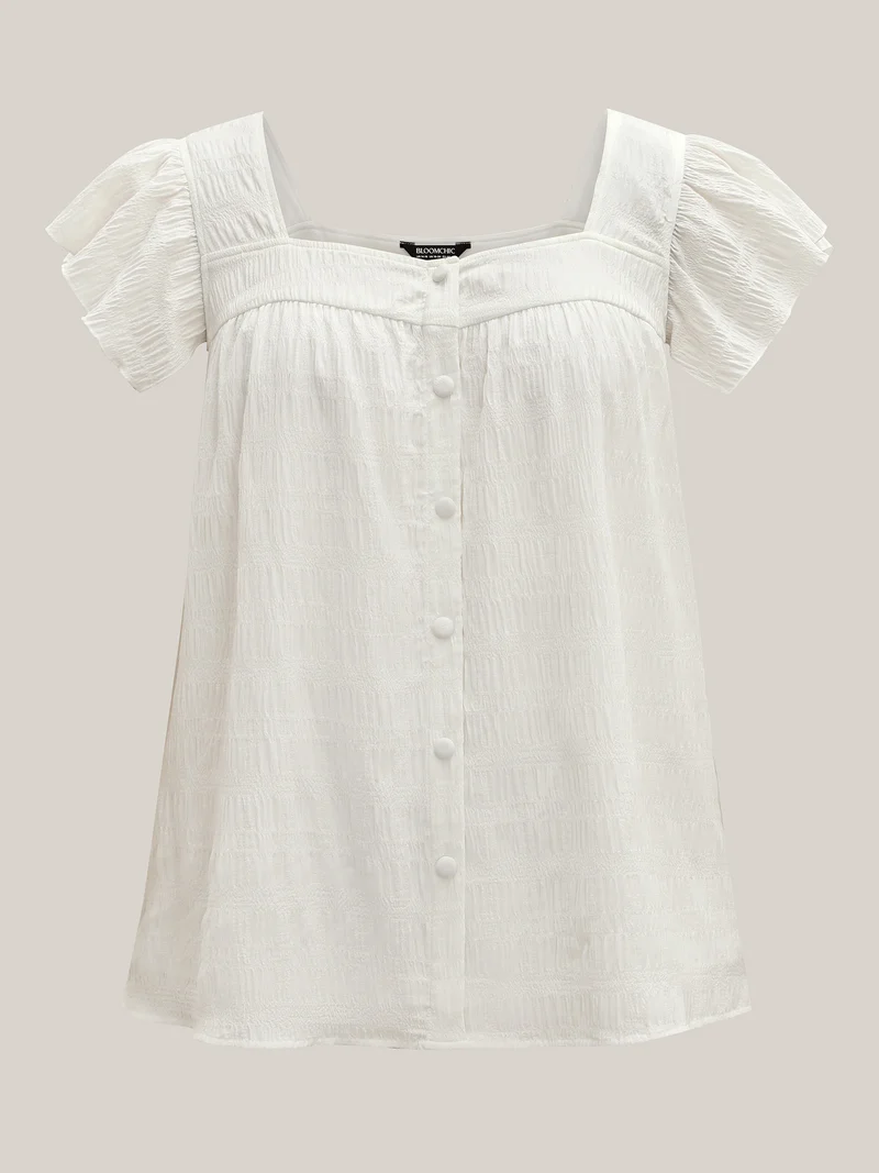 Textured Flutter Sleeve Button Detail Blouse