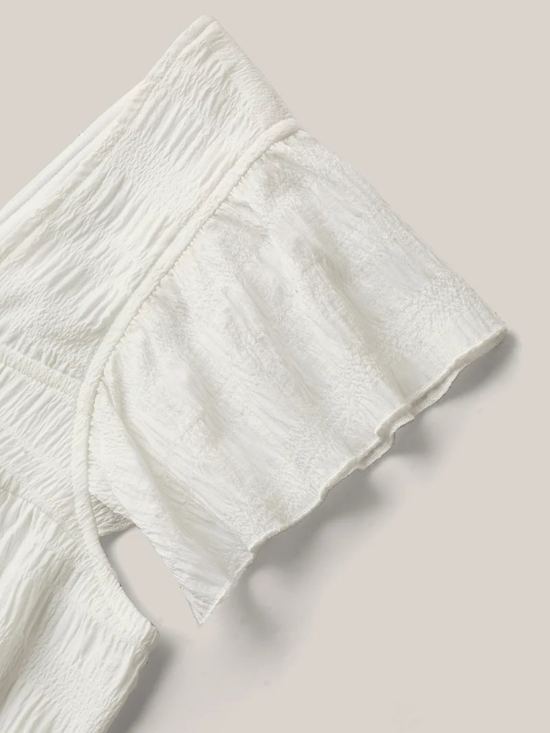 Textured Flutter Sleeve Button Detail Blouse