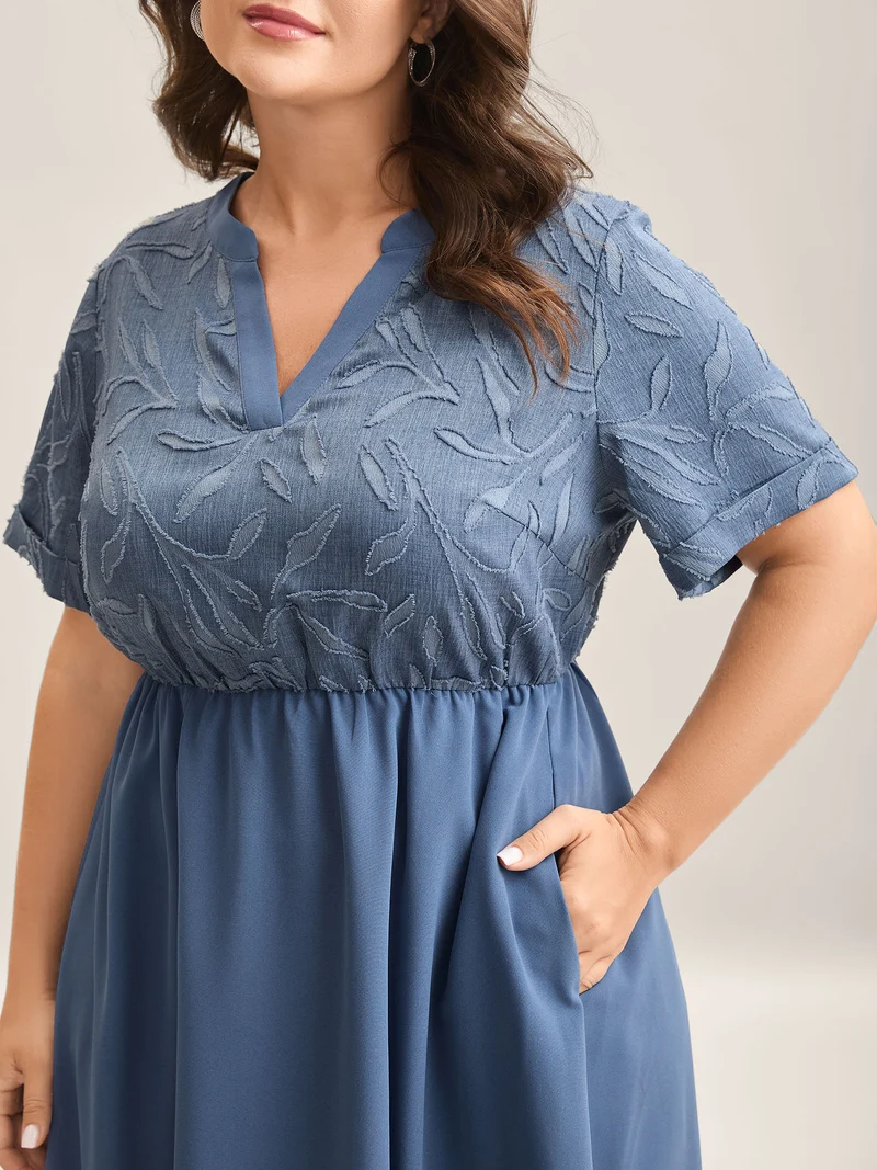 Notched Collar Textured Pocket Midi Dress