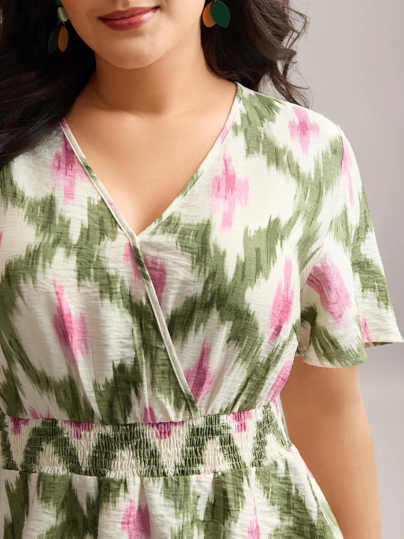 Tie-Dye Shirred Waist Pockets Blouse