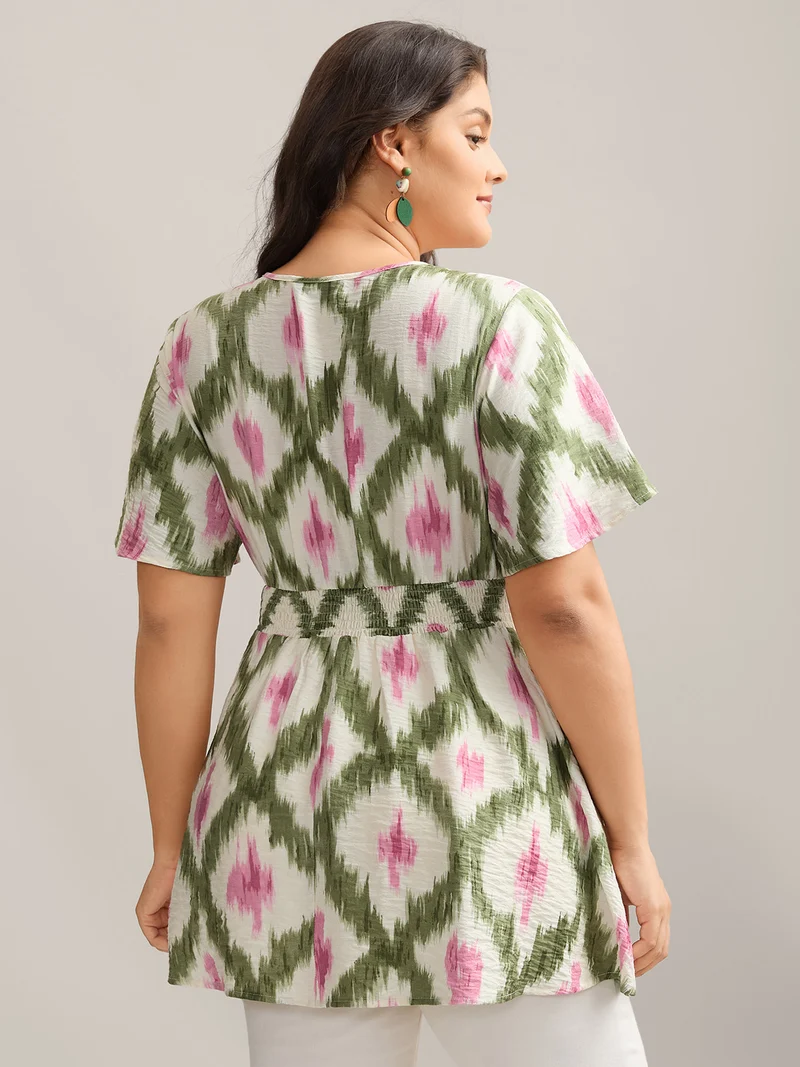 Tie-Dye Shirred Waist Pockets Blouse