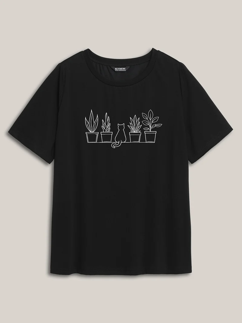 Adventurous Cat Pattern Round Neck T-Shirt