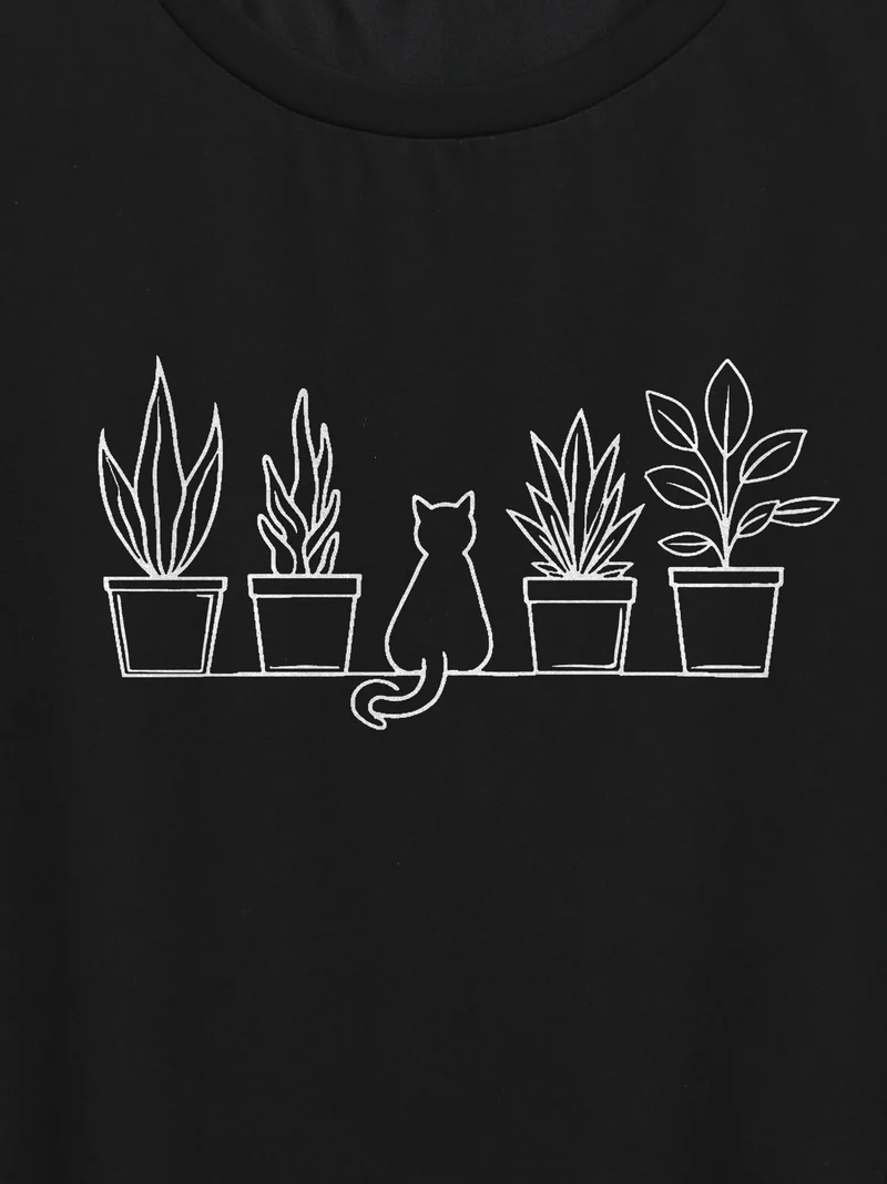 Adventurous Cat Pattern Round Neck T-Shirt