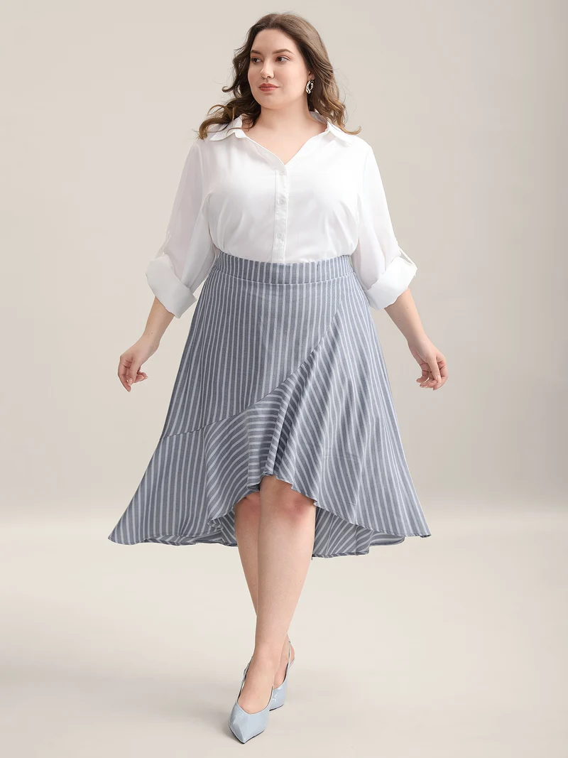 Stripe Print High-Low Hem Midi Skirt