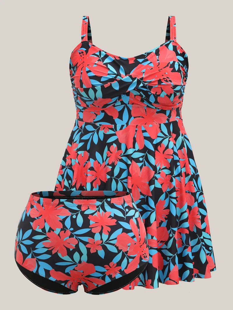 Twist Front Floral Print Swim Dress