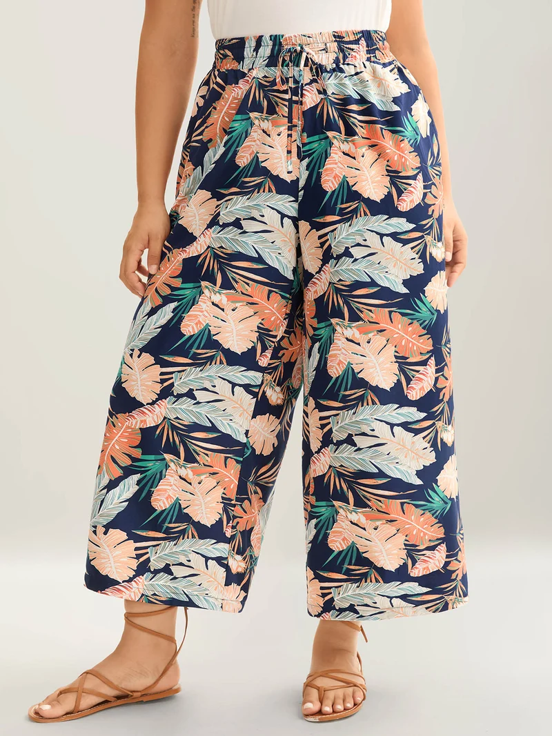 Tropical Leaf Print Wide-Leg Pants