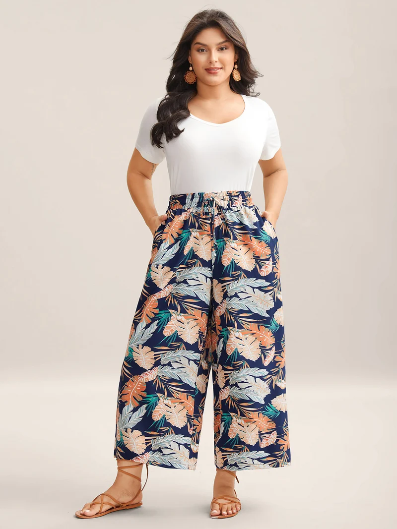 Tropical Leaf Print Wide-Leg Pants