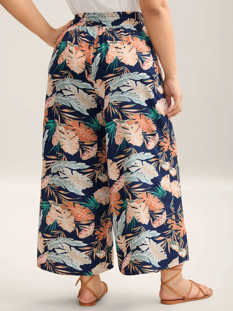 Tropical Leaf Print Wide-Leg Pants