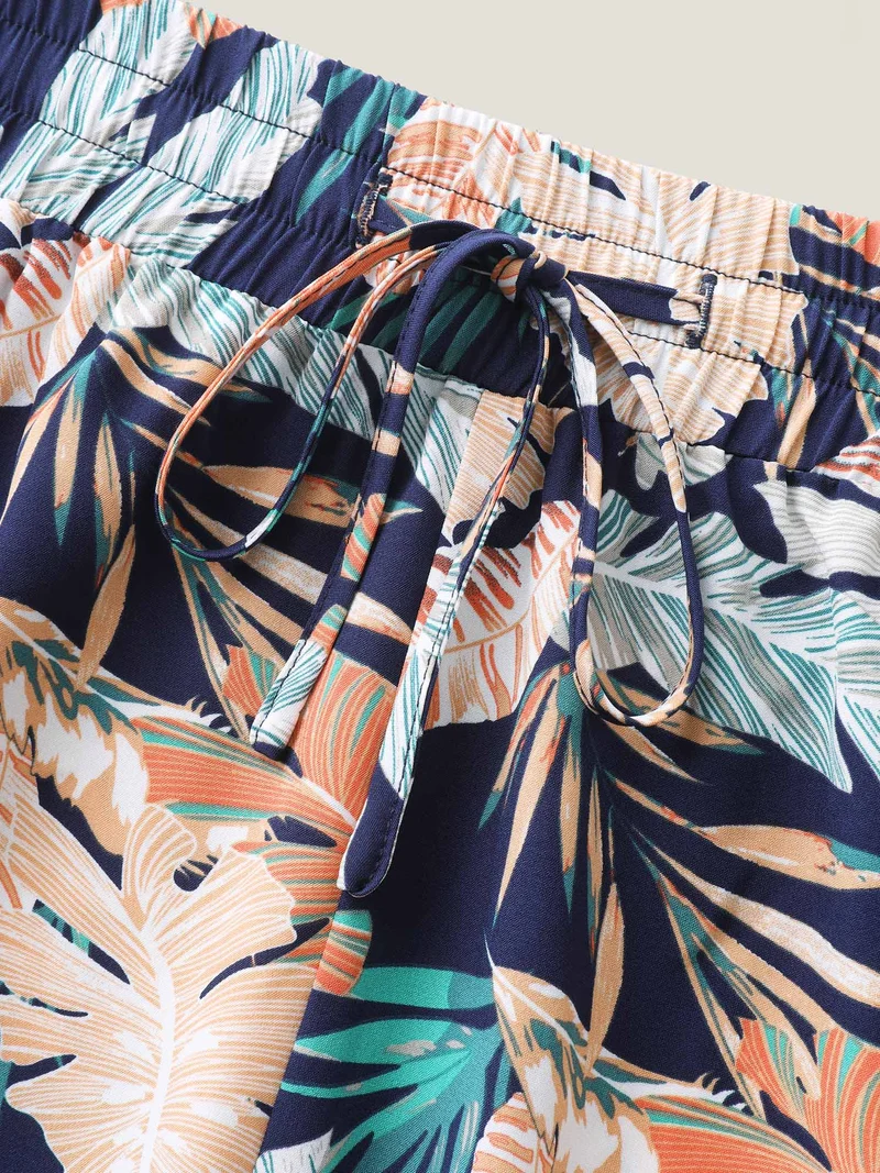 Tropical Leaf Print Wide-Leg Pants