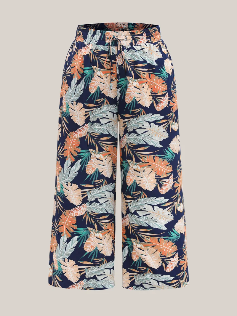 Tropical Leaf Print Wide-Leg Pants