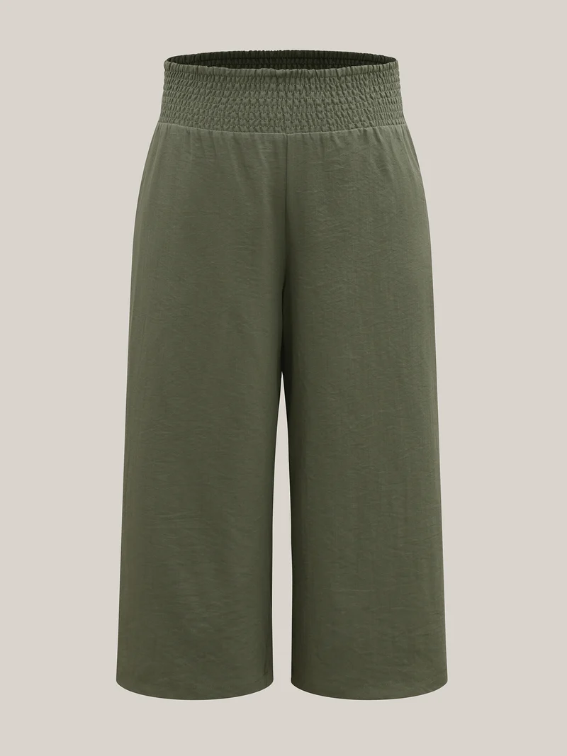 Shirred Waist Wide-Leg Solid Pants
