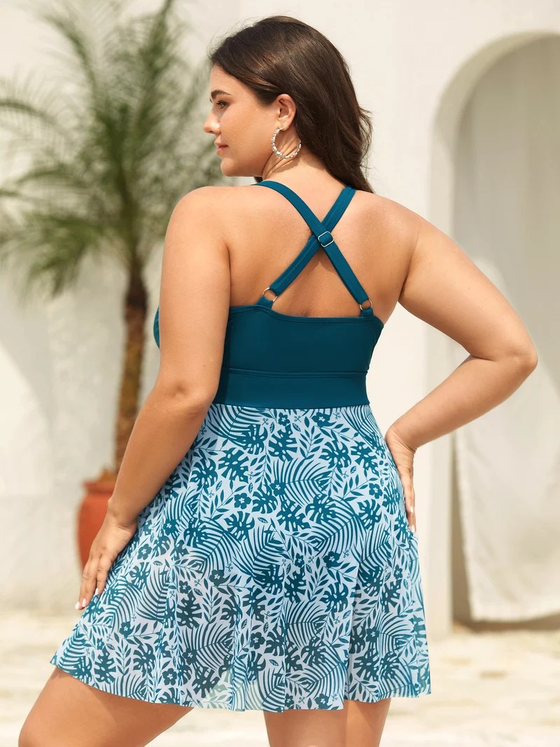 Tropical Split Mesh Belted Swim Dress