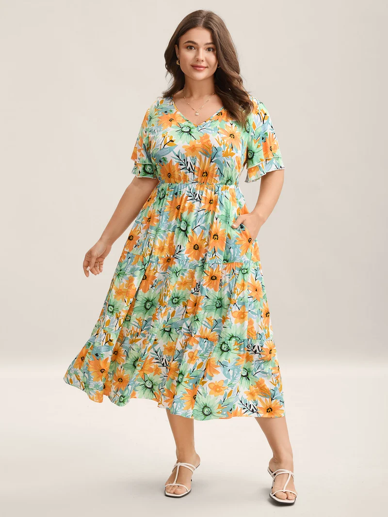 Floral Print Rayon Pockets Tiered Midi Dress