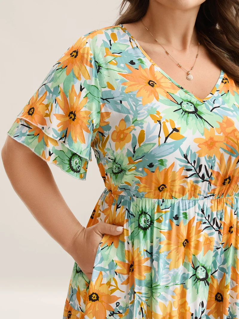 Floral Print Rayon Pockets Tiered Midi Dress