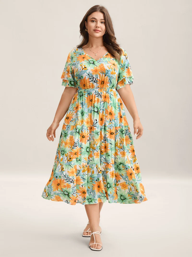 Floral Print Rayon Pockets Tiered Midi Dress