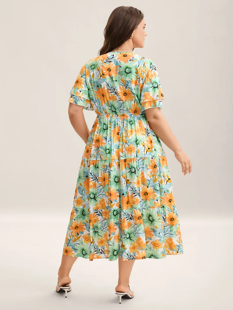 Floral Print Rayon Pockets Tiered Midi Dress