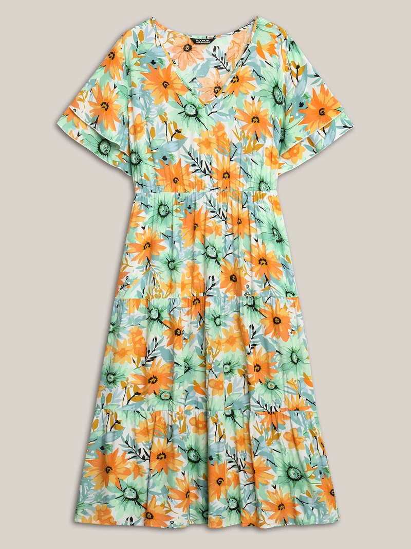 Floral Print Rayon Pockets Tiered Midi Dress