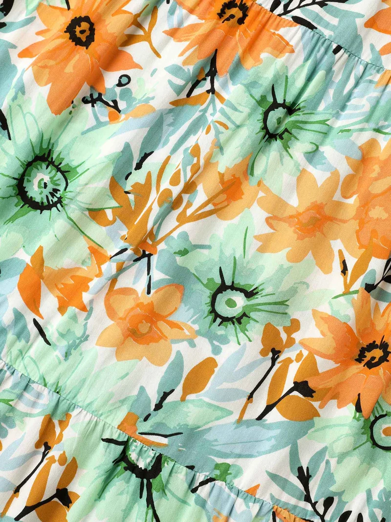 Floral Print Rayon Pockets Tiered Midi Dress