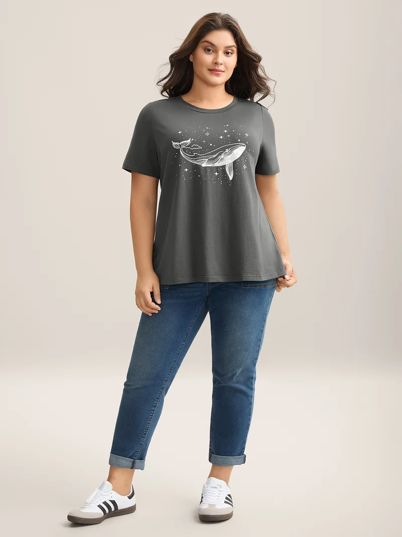 Dolphin Pattern Crewneck T-Shirt