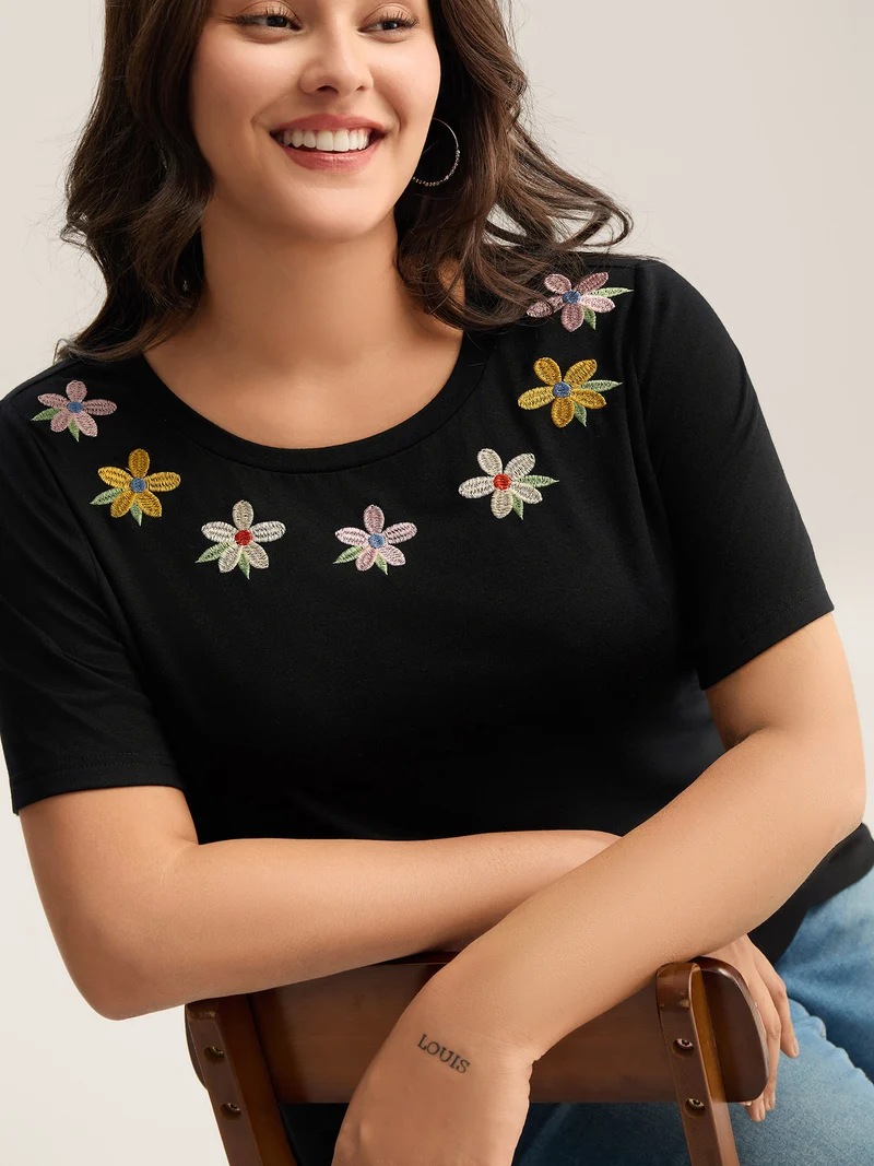 Floral Embroidered Neck Solid T-Shirt