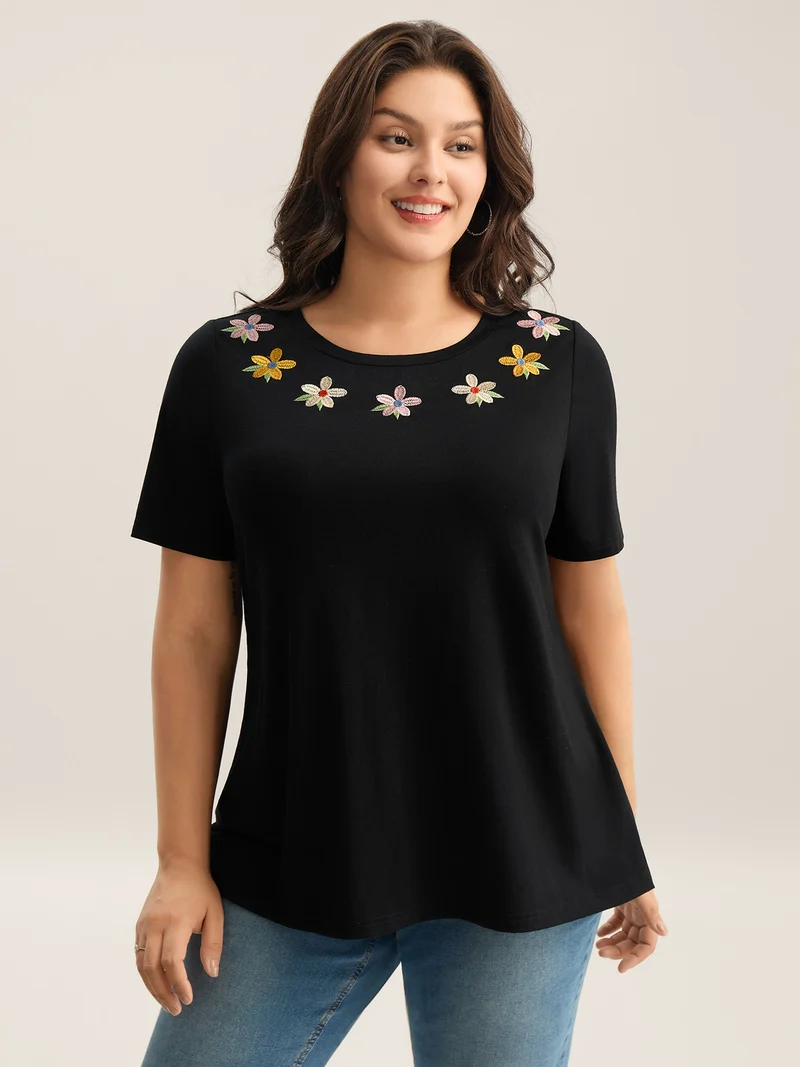 Floral Embroidered Neck Solid T-Shirt