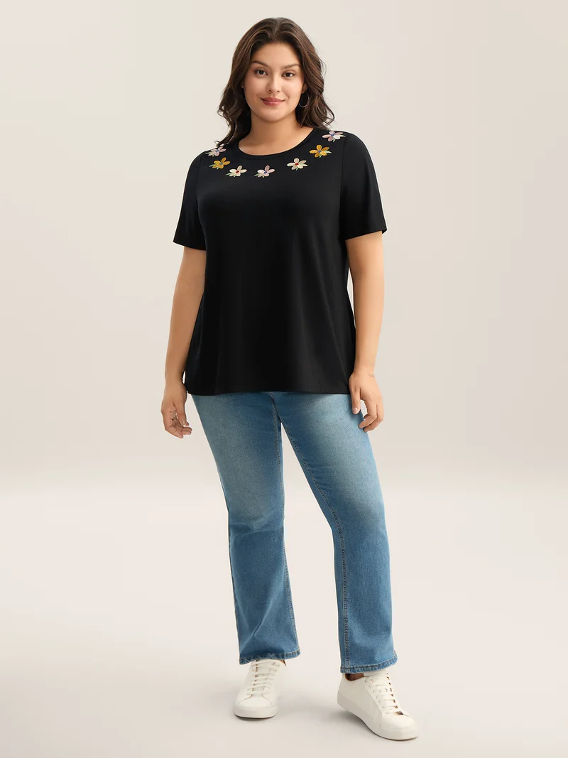 Floral Embroidered Neck Solid T-Shirt