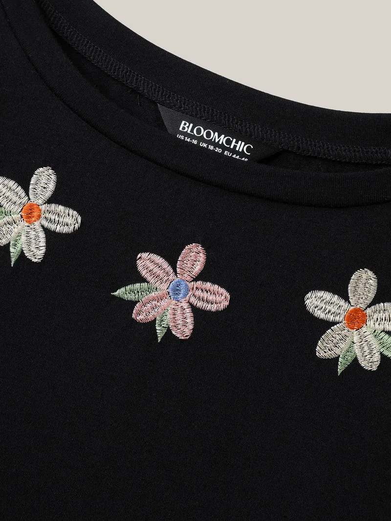 Floral Embroidered Neck Solid T-Shirt