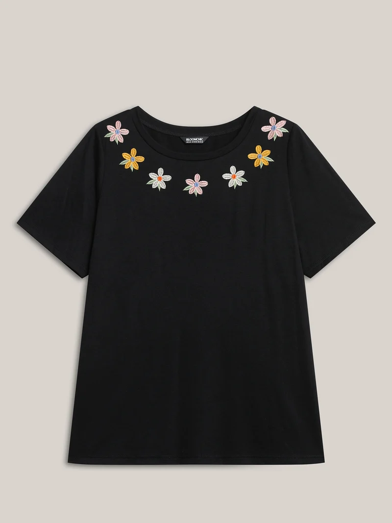 Floral Embroidered Neck Solid T-Shirt