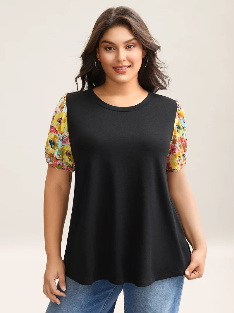Floral Sleeve Spliced Curvy Hem T-Shirt