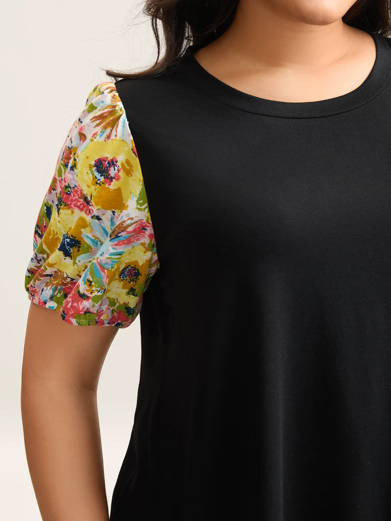 Floral Sleeve Spliced Curvy Hem T-Shirt
